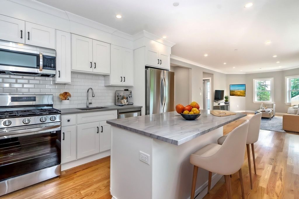 Interior, Kitchen, Living room, Recessed Lighting, Stainless Steel Appliances, Wood Texture Flooring