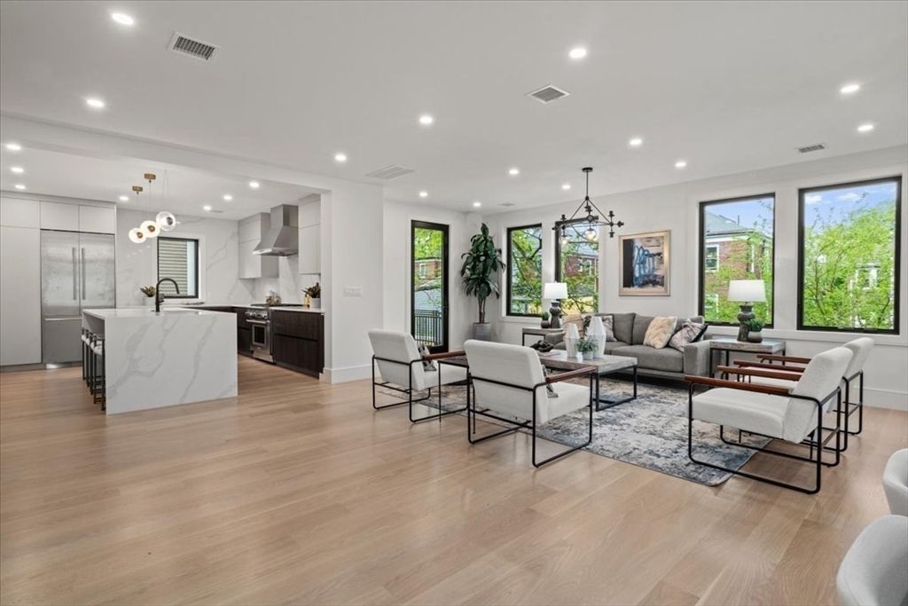 Dining room, Interior, Kitchen, Living room, Pendant Lights, Recessed Lighting, Stainless Steel Appliances, Wood Texture Flooring