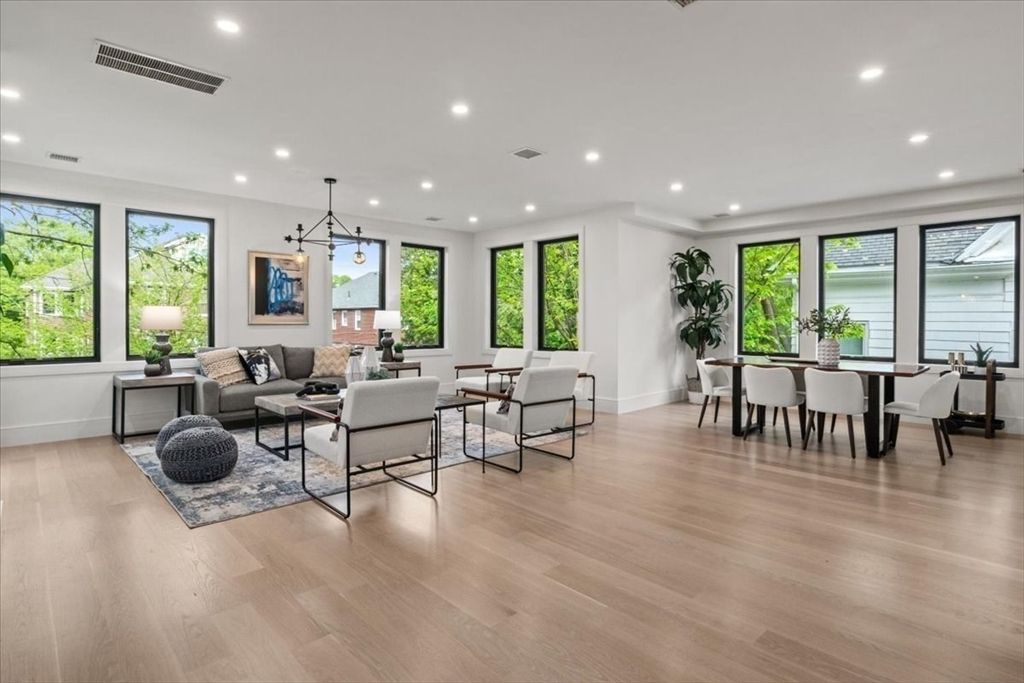 Dining room, Interior, Living room, Pendant Lights, Recessed Lighting, Wood Texture Flooring