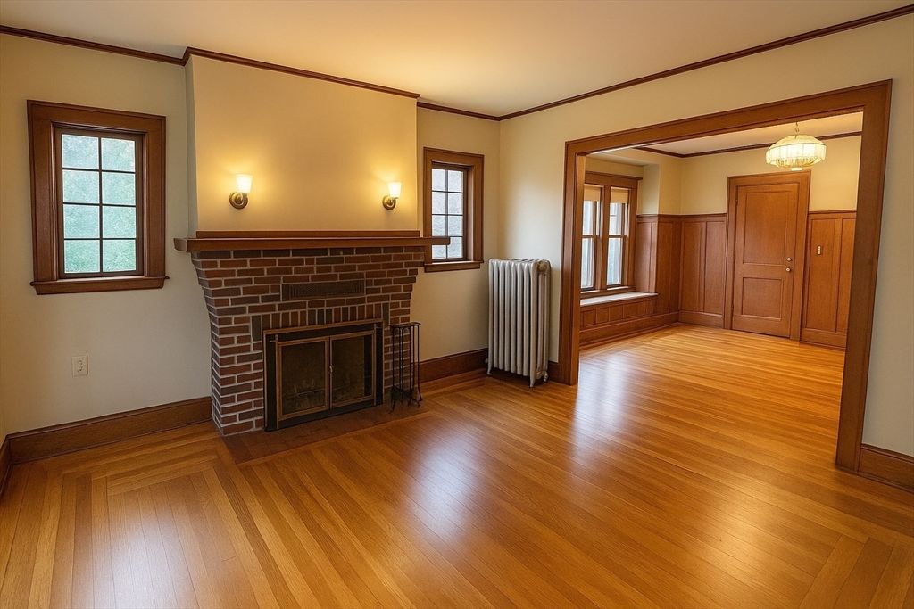 Empty room, Fireplace, Interior, Pendant Lights, Wood Texture Flooring