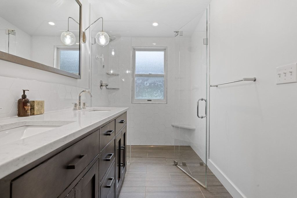 Bathroom, Dual Sink Vanities, Glass Shower, Interior, Pendant Lights, Recessed Lighting