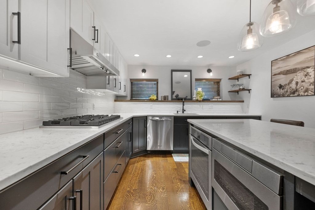 Interior, Kitchen, Pendant Lights, Recessed Lighting, Stainless Steel Appliances, Wood Texture Flooring