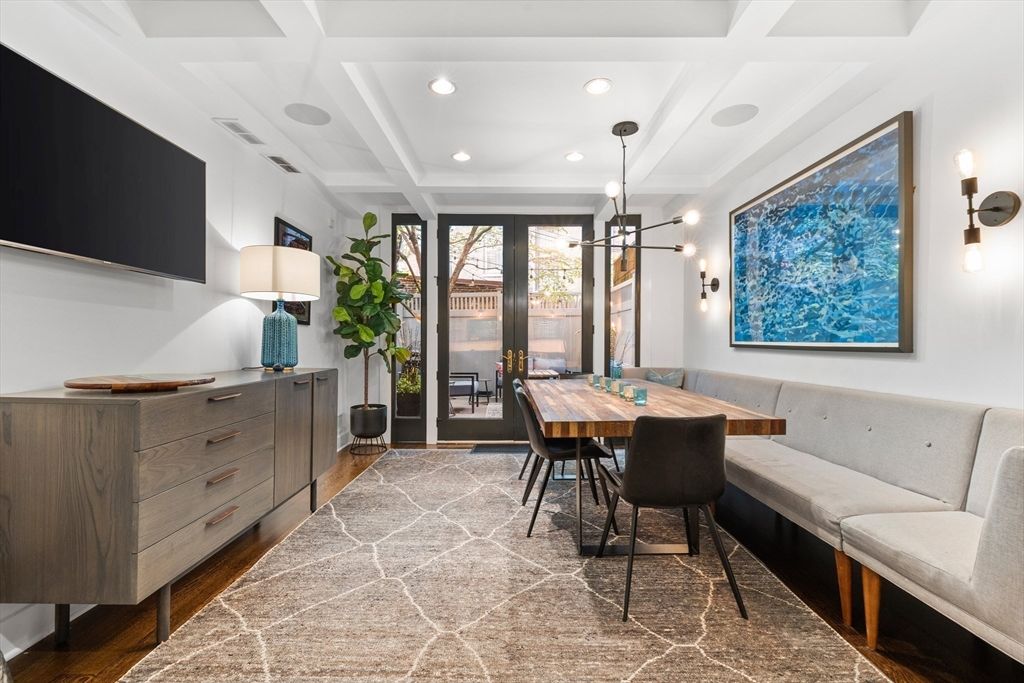 Dining room, Interior, Pendant Lights, Recessed Lighting, Wood Texture Flooring