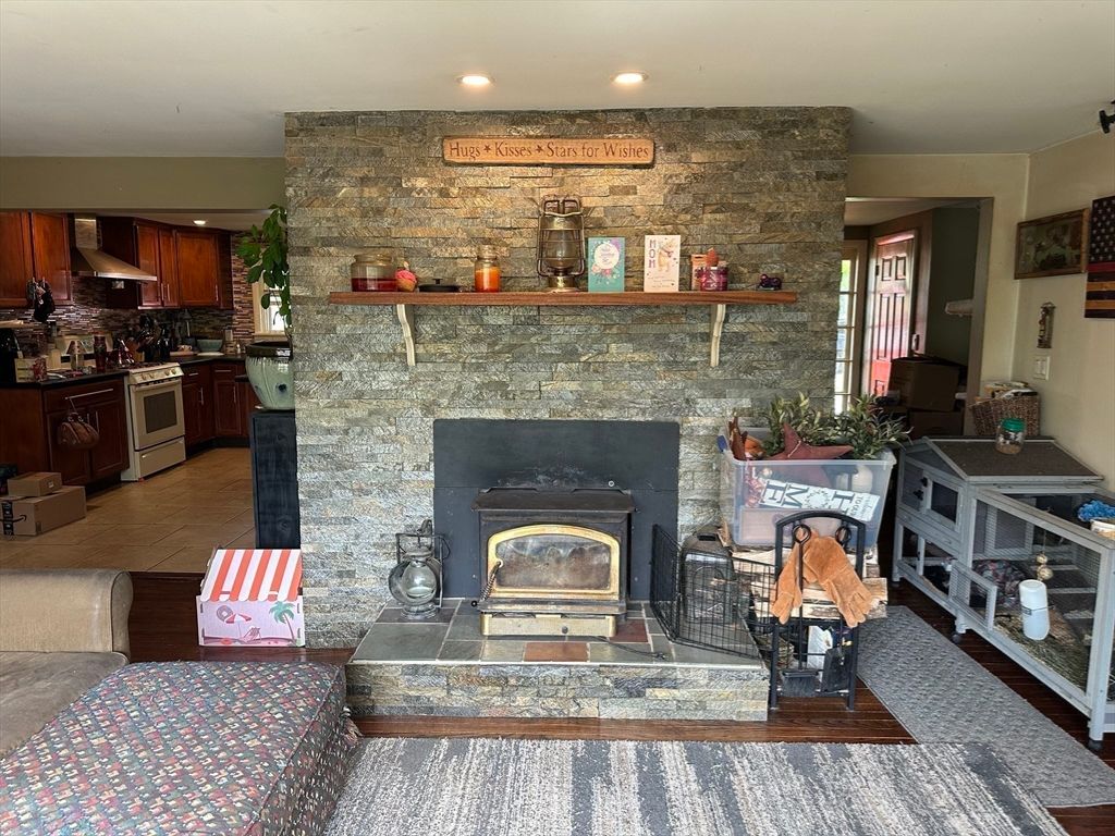 Fireplace, Interior, Kitchen, Recessed Lighting, Stone Walls, Wood Texture Flooring