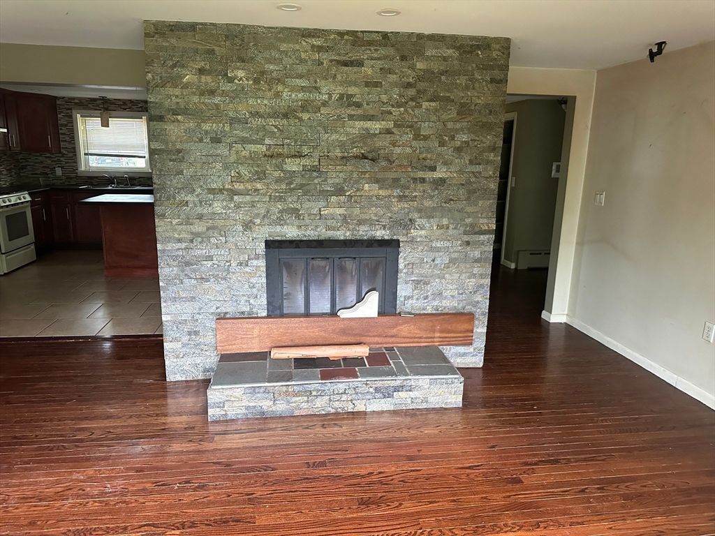 Fireplace, Interior, Kitchen, Stone Walls, Wood Texture Flooring