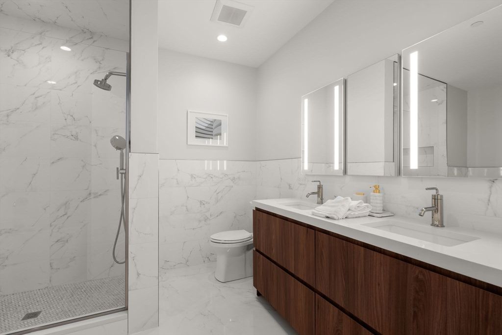 Bathroom, Glass Shower, Interior, Marble, Marble Walls, Recessed Lighting