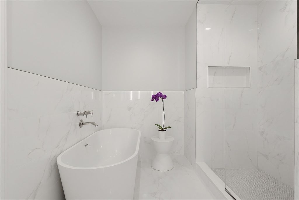 Bathroom, Free Standing Baths, Glass Shower, Interior, Marble, Marble Walls