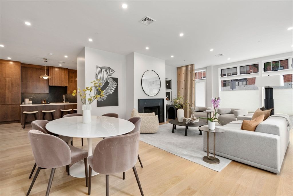 Dining room, Fireplace, Interior, Kitchen, Living room, Pendant Lights, Recessed Lighting, Wood Texture Flooring