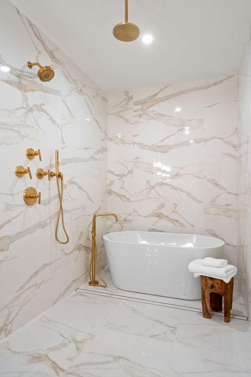 Bathroom, Free Standing Baths, Interior, Marble, Marble Walls, Recessed Lighting