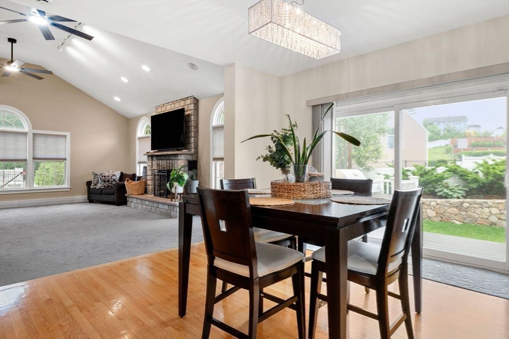 Chandelier, Dining room, Fireplace, Interior, Recessed Lighting, Wood Texture Flooring