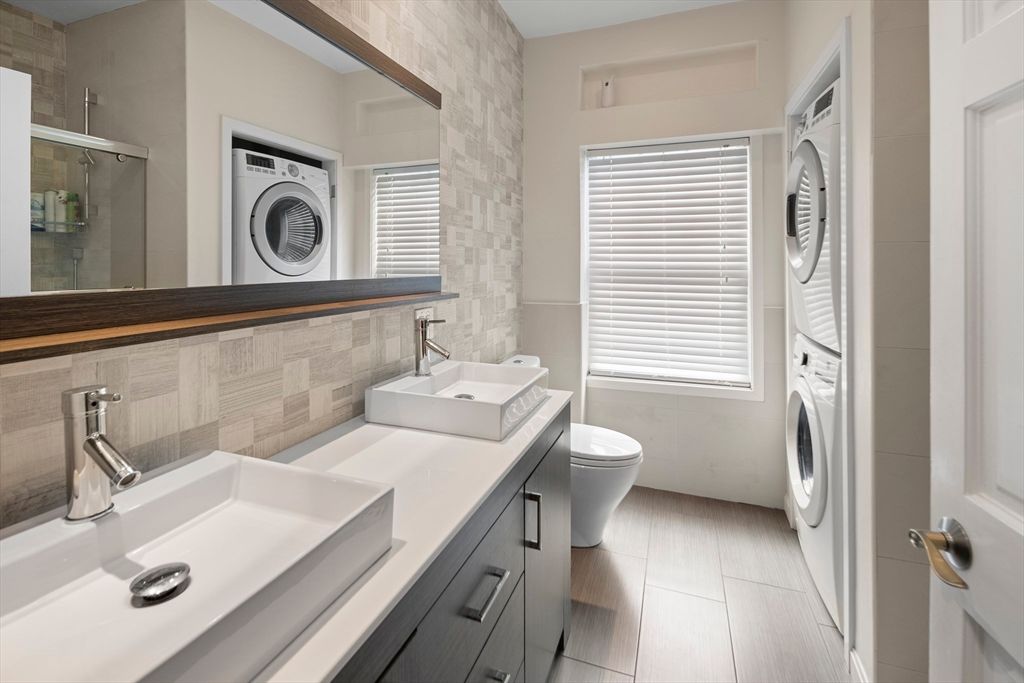 Bathroom, Dual Sink Vanities, Interior, Utility Closets, Washer, Wood Texture Flooring