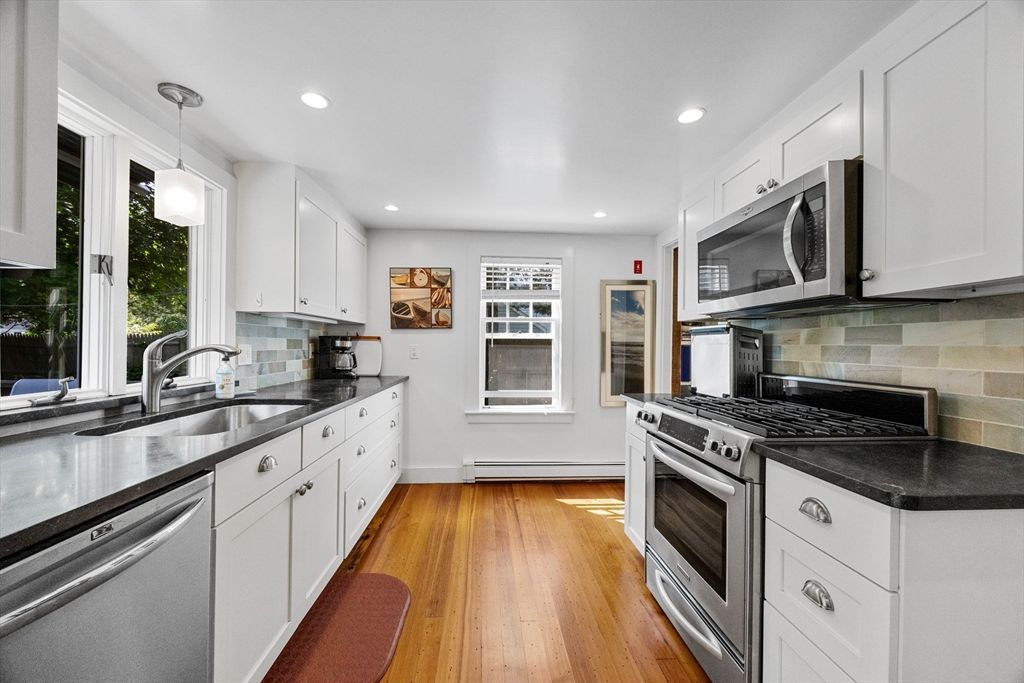 Interior, Kitchen, Pendant Lights, Recessed Lighting, Stainless Steel Appliances, Wood Texture Flooring