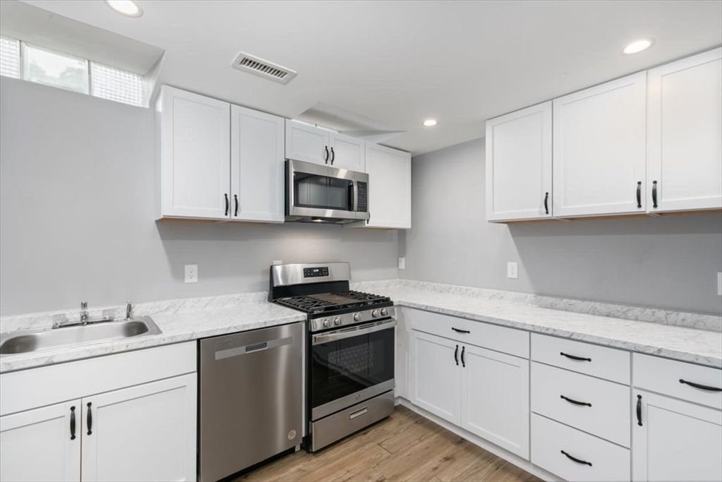 Interior, Kitchen, Recessed Lighting, Stainless Steel Appliances, Wood Texture Flooring