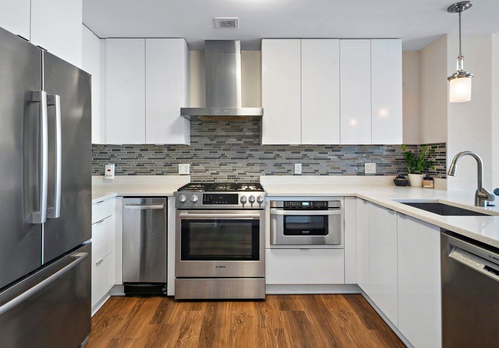 Interior, Kitchen, Pendant Lights, Stainless Steel Appliances, Wood Texture Flooring