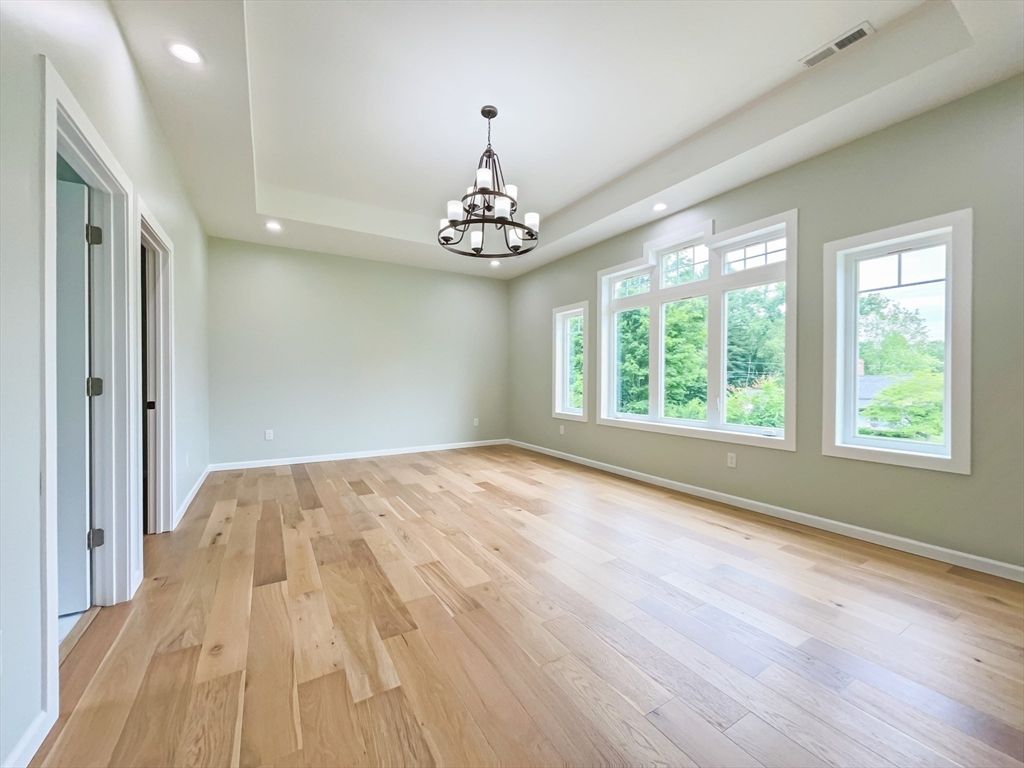 Chandelier, Empty room, Interior, Recessed Lighting, Wood Texture Flooring