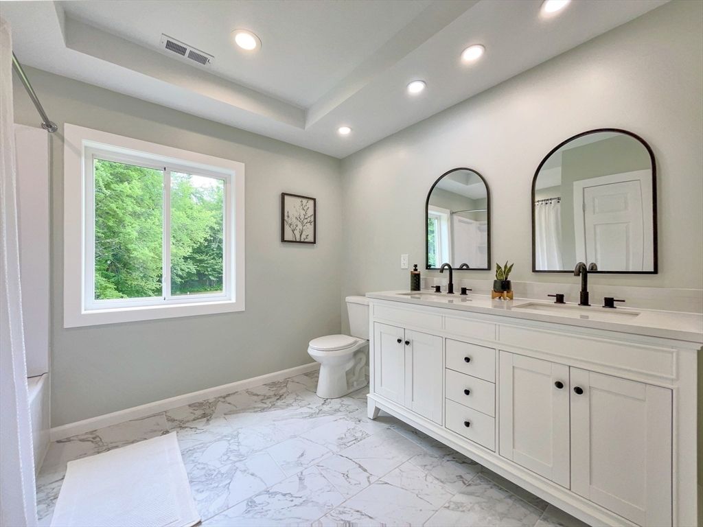 Bathroom, Dual Sink Vanities, Interior, Marble, Recessed Lighting
