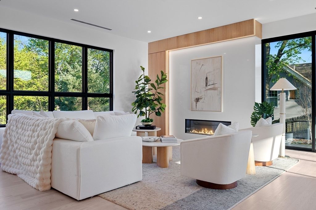 Fireplace, Interior, Living room, Recessed Lighting, Wood Texture Flooring