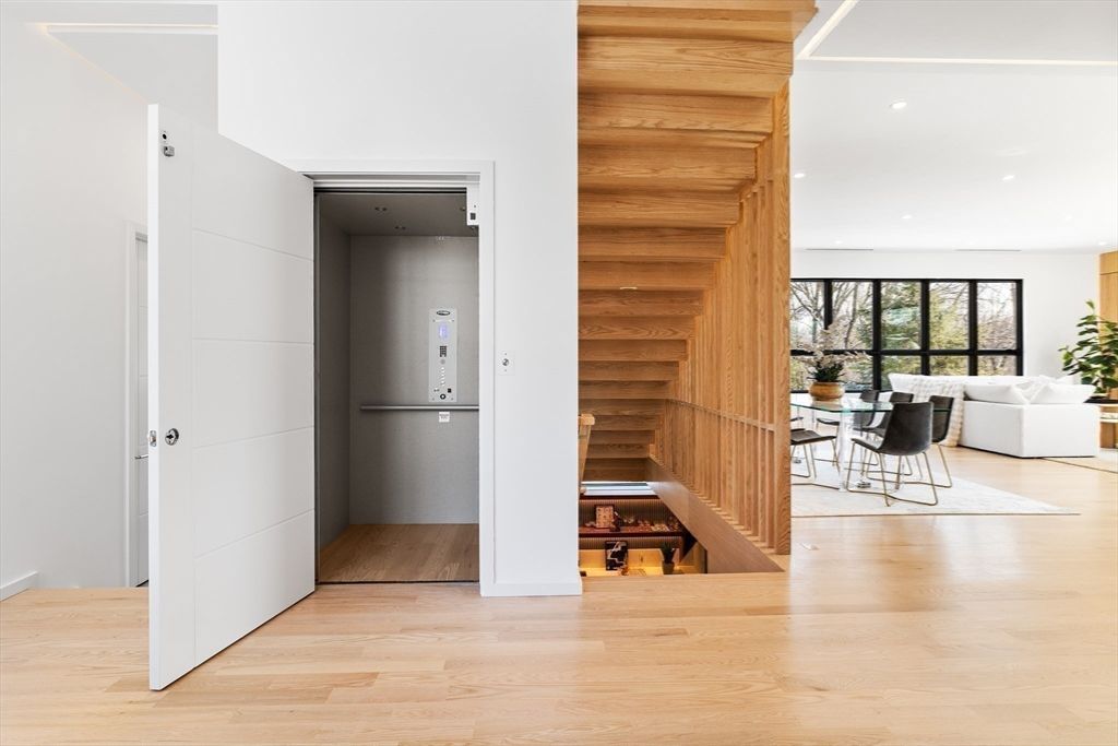 Dining room, Interior, Recessed Lighting, Wood Texture Flooring, Wooden Walls