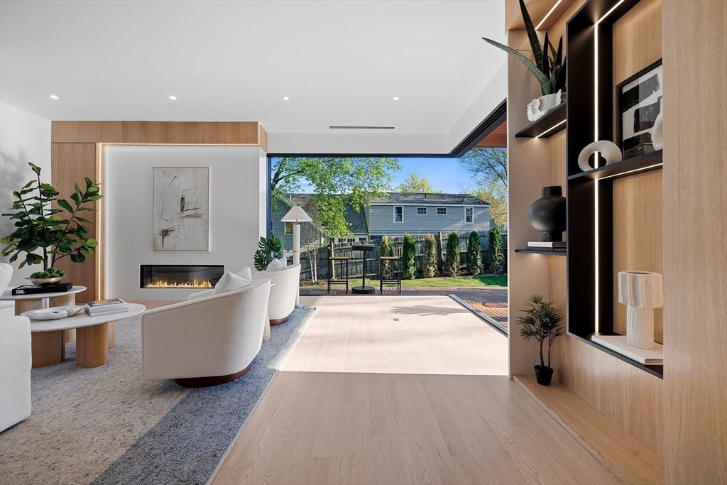 Fireplace, Interior, Living room, Recessed Lighting, Wood Texture Flooring