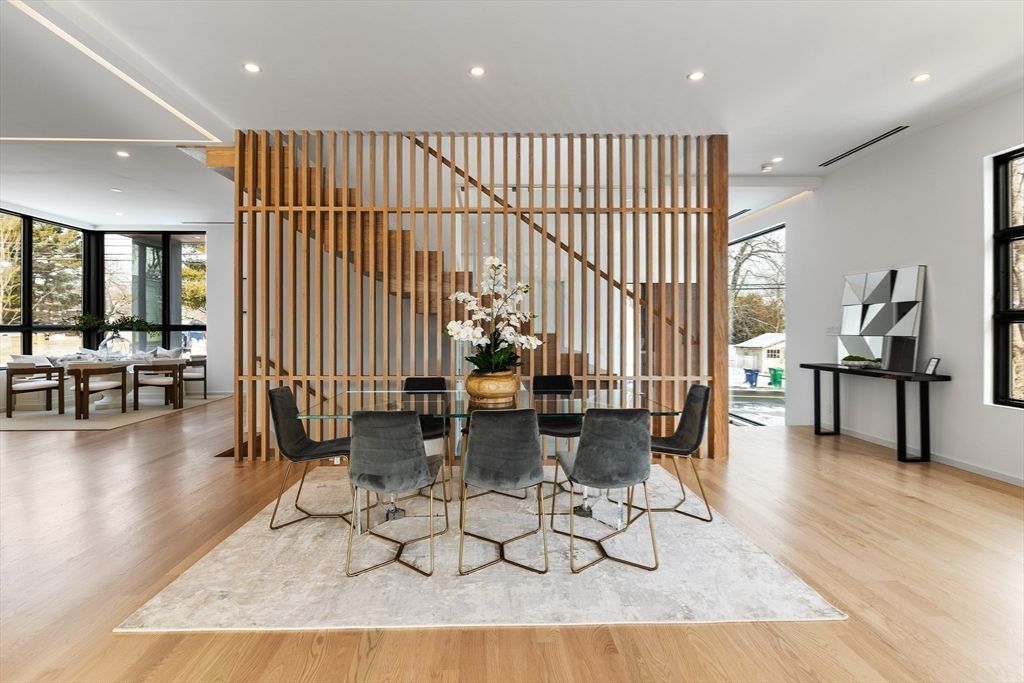 Dining room, Interior, Recessed Lighting, Wood Texture Flooring