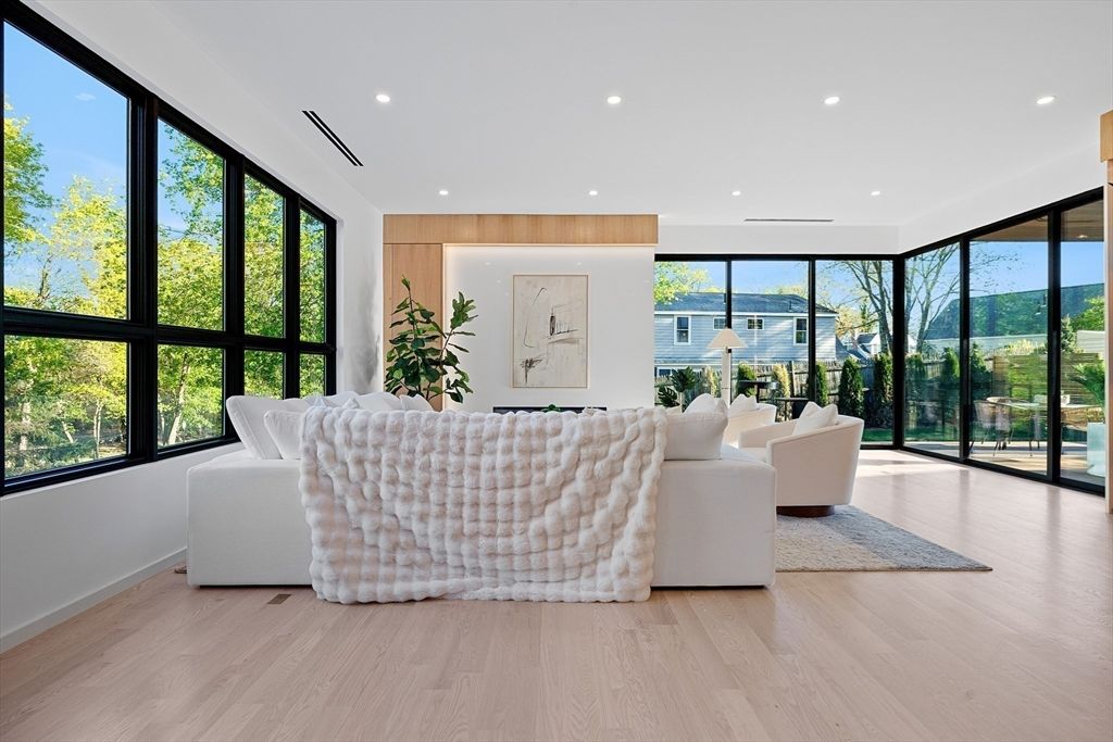 Interior, Living room, Recessed Lighting, Water, Wood Texture Flooring, Wooden Walls