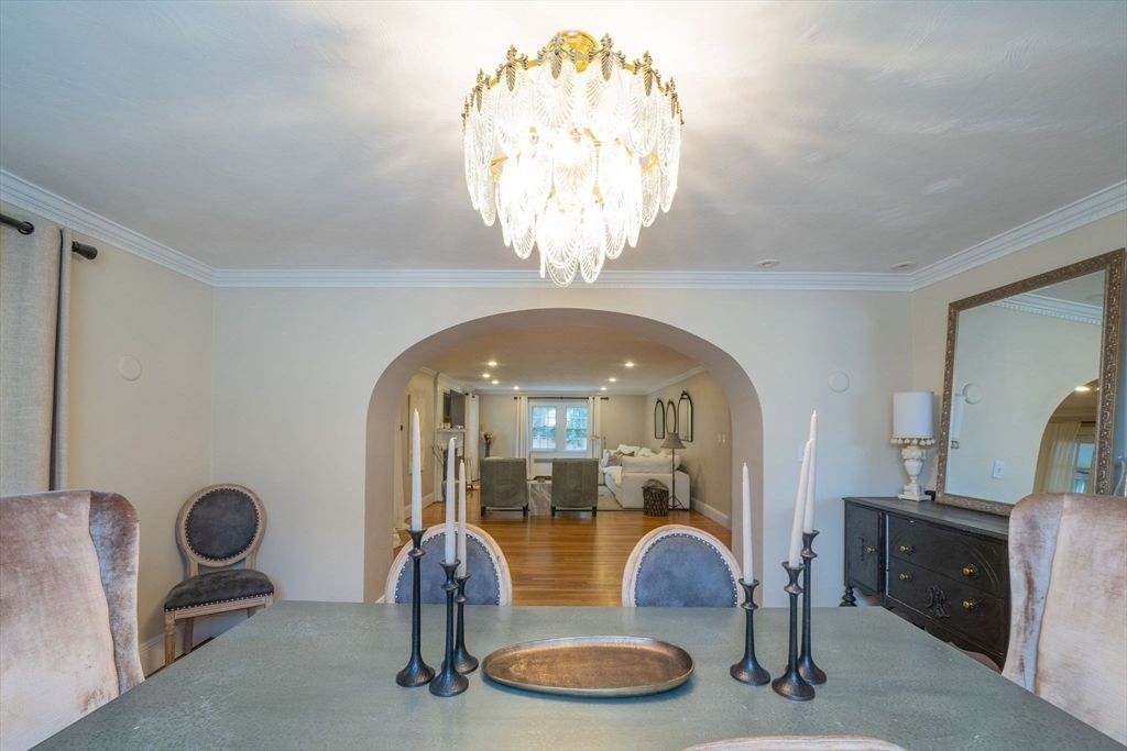 Chandelier, Dining room, Fireplace, Interior, Living room, Recessed Lighting, Wood Texture Flooring