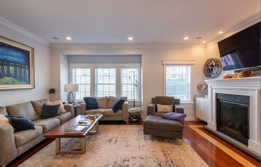 Fireplace, Interior, Living room, Recessed Lighting, Wood Texture Flooring
