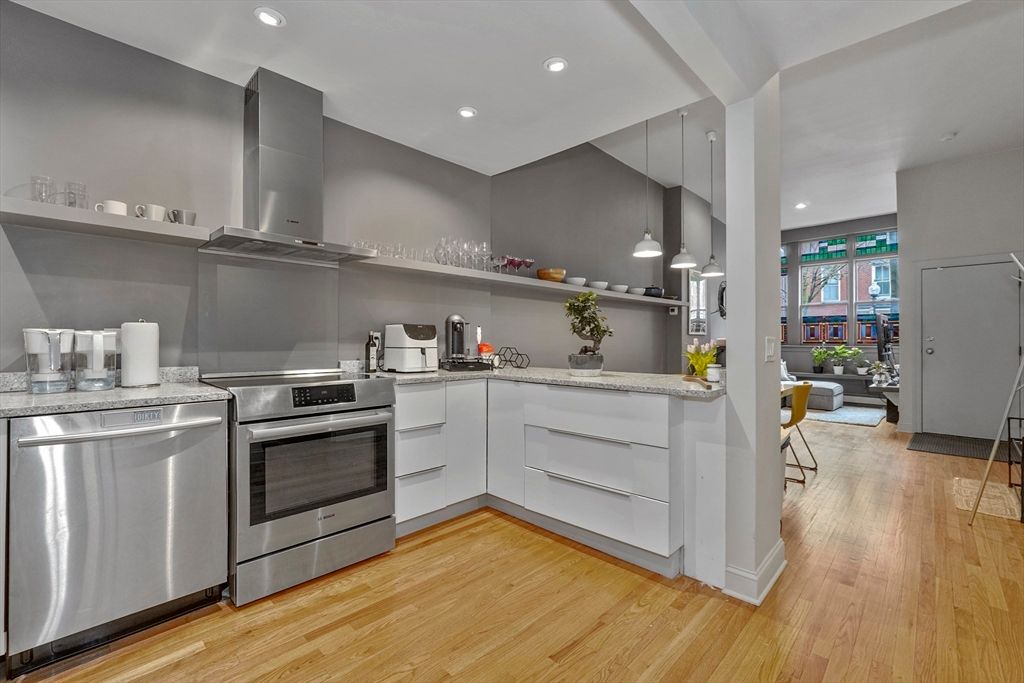 Interior, Kitchen, Pendant Lights, Recessed Lighting, Stainless Steel Appliances, Wood Texture Flooring