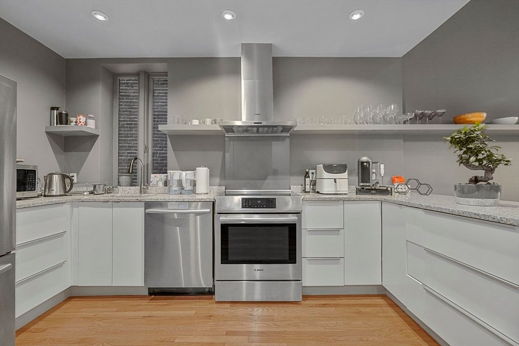 Interior, Kitchen, Recessed Lighting, Stainless Steel Appliances, Wood Texture Flooring