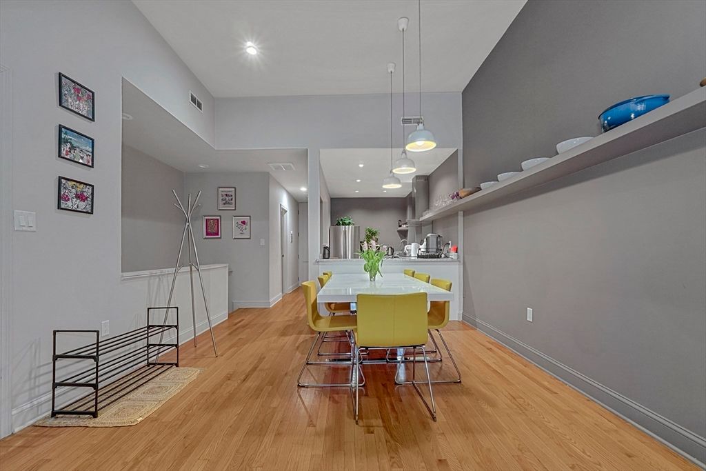 Dining room, Interior, Pendant Lights, Recessed Lighting, Wood Texture Flooring