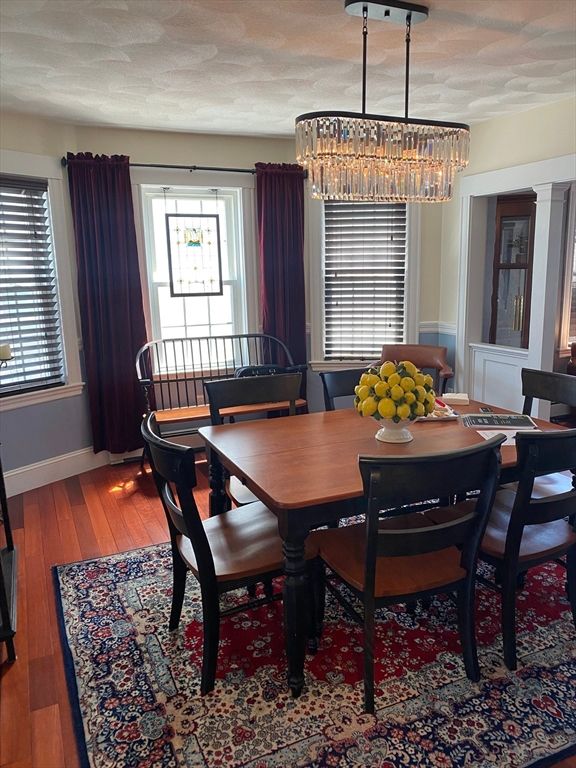 Chandelier, Dining room, Interior, Wood Texture Flooring