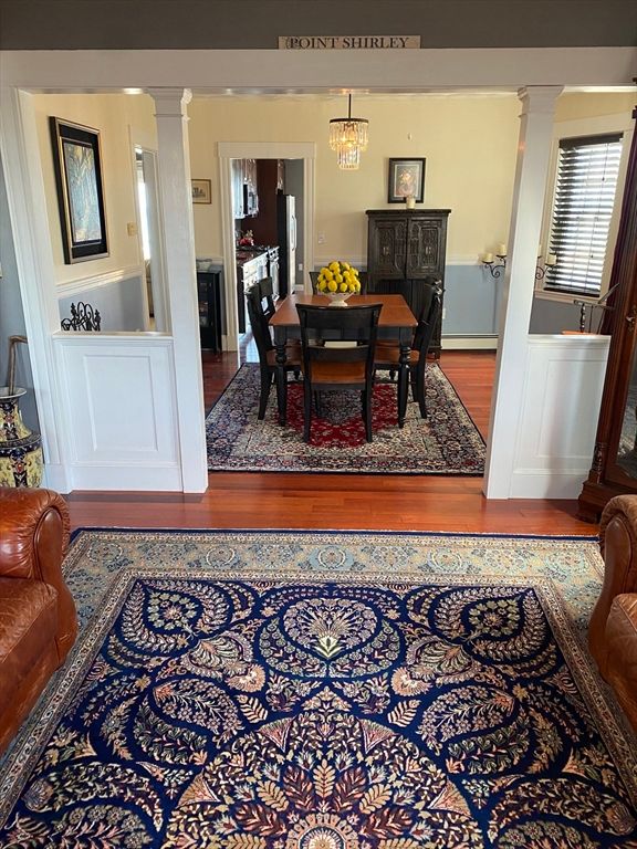 Chandelier, Dining room, Interior, Pendant Lights, Wood Texture Flooring