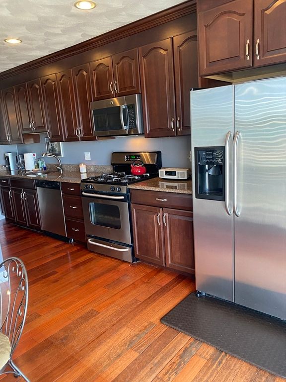 Interior, Kitchen, Recessed Lighting, Stainless Steel Appliances, Wood Texture Flooring