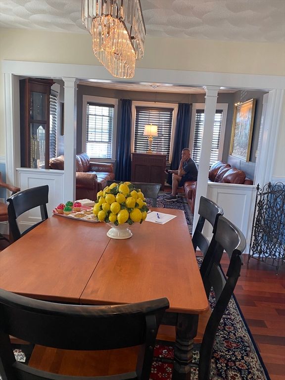 Chandelier, Dining room, Interior, Wood Texture Flooring