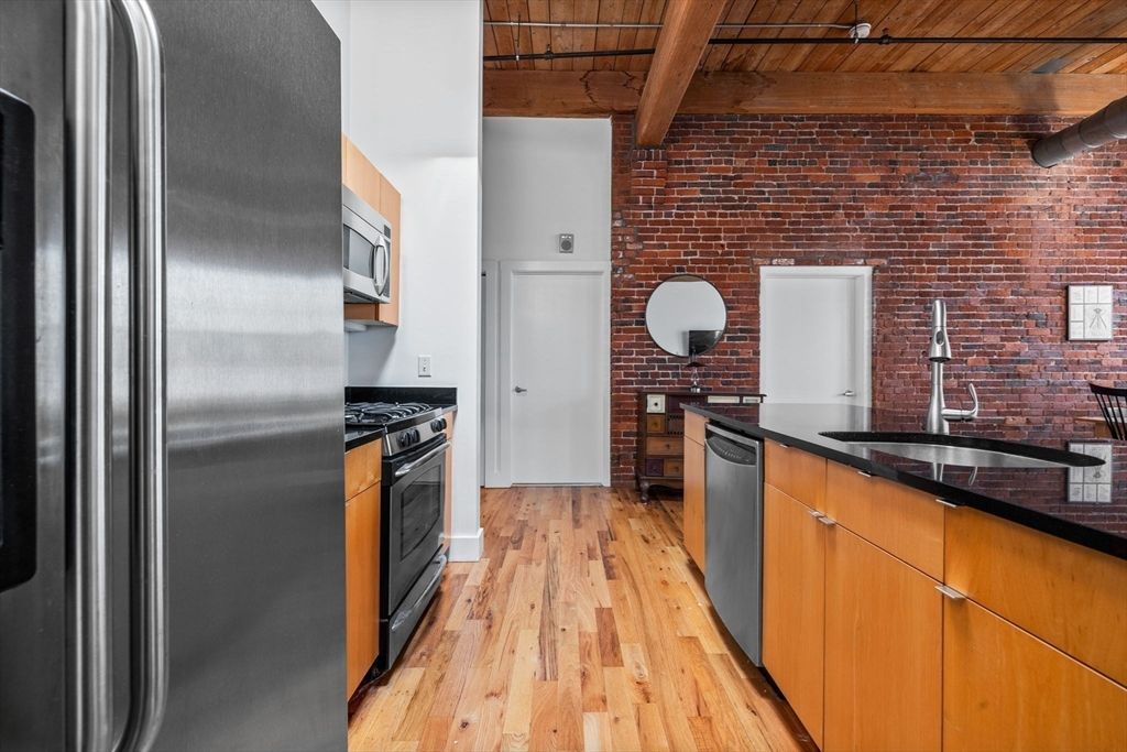 Interior, Kitchen, Stainless Steel Appliances, Stone Walls, Wooden Beams, Wood Texture Flooring