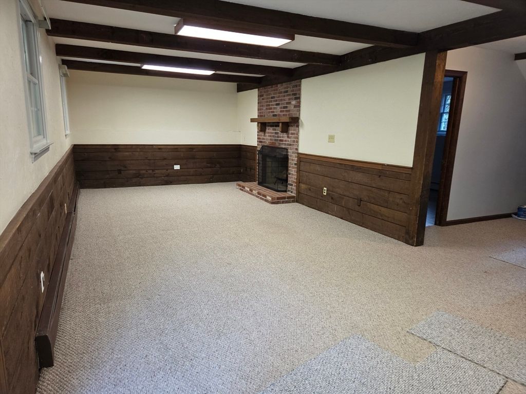 Empty room, Fireplace, Interior, Stone Walls, Wooden Beams