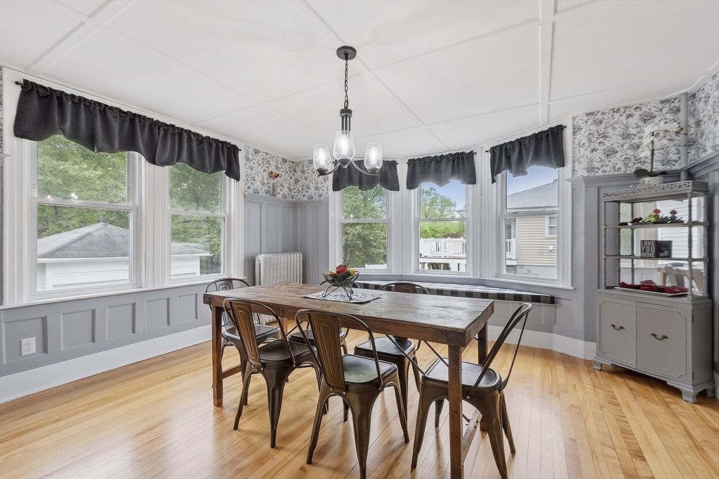 Dining room, Interior, Pendant Lights, Wood Texture Flooring