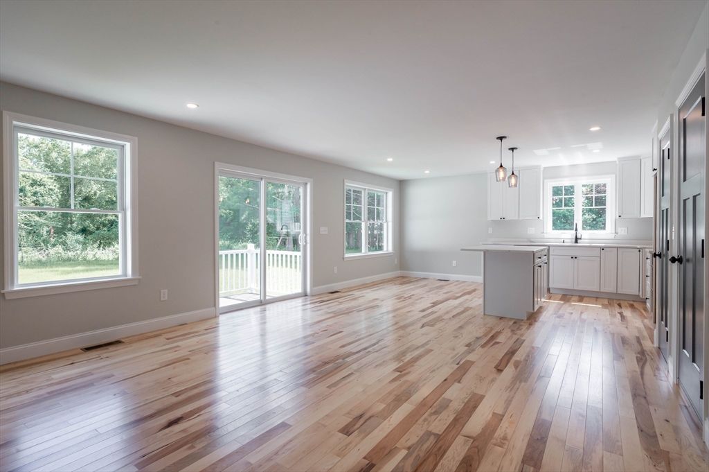 Empty room, Interior, Kitchen, Pendant Lights, Recessed Lighting, Wood Texture Flooring
