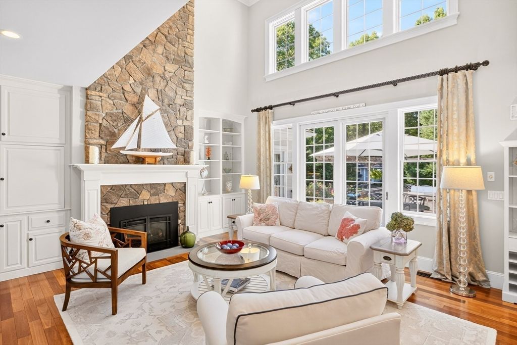 Fireplace, Interior, Living room, Recessed Lighting, Stone Walls, Wood Texture Flooring