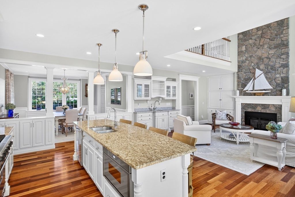Dining room, Fireplace, Interior, Kitchen, Living room, Pendant Lights, Recessed Lighting, Stone Walls, Wood Texture Flooring