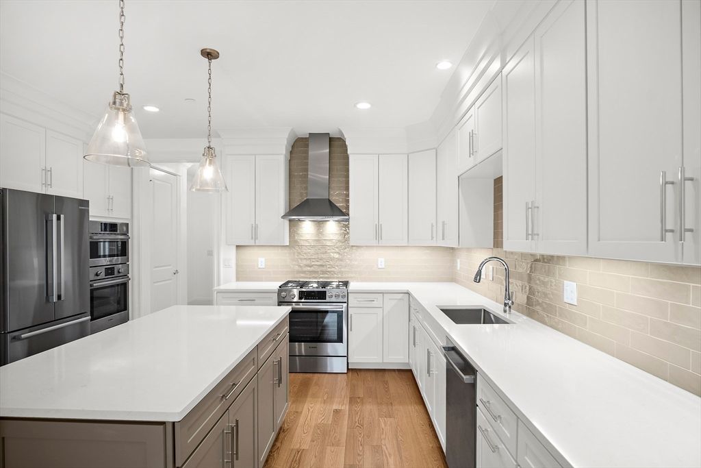 Interior, Kitchen, Pendant Lights, Recessed Lighting, Stainless Steel Appliances, Wood Texture Flooring