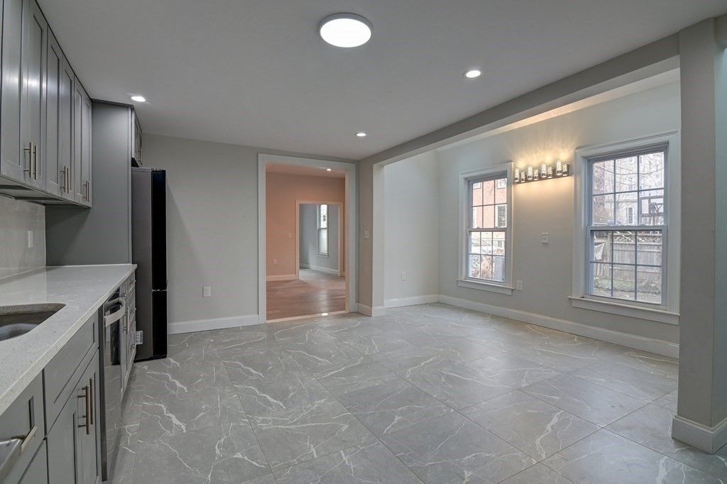 Empty room, Interior, Kitchen, Recessed Lighting, Wood Texture Flooring