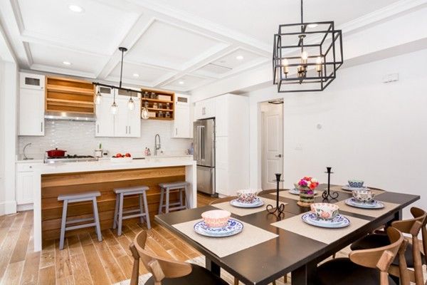 Chandelier, Dining room, Interior, Kitchen, Pendant Lights, Recessed Lighting, Stainless Steel Appliances, Wood Texture Flooring