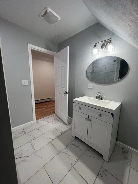 Bathroom, Dual Sink Vanities, Interior, Marble, Wood Texture Flooring