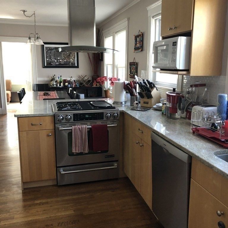 Interior, Kitchen, Pendant Lights, Stainless Steel Appliances, Wood Texture Flooring