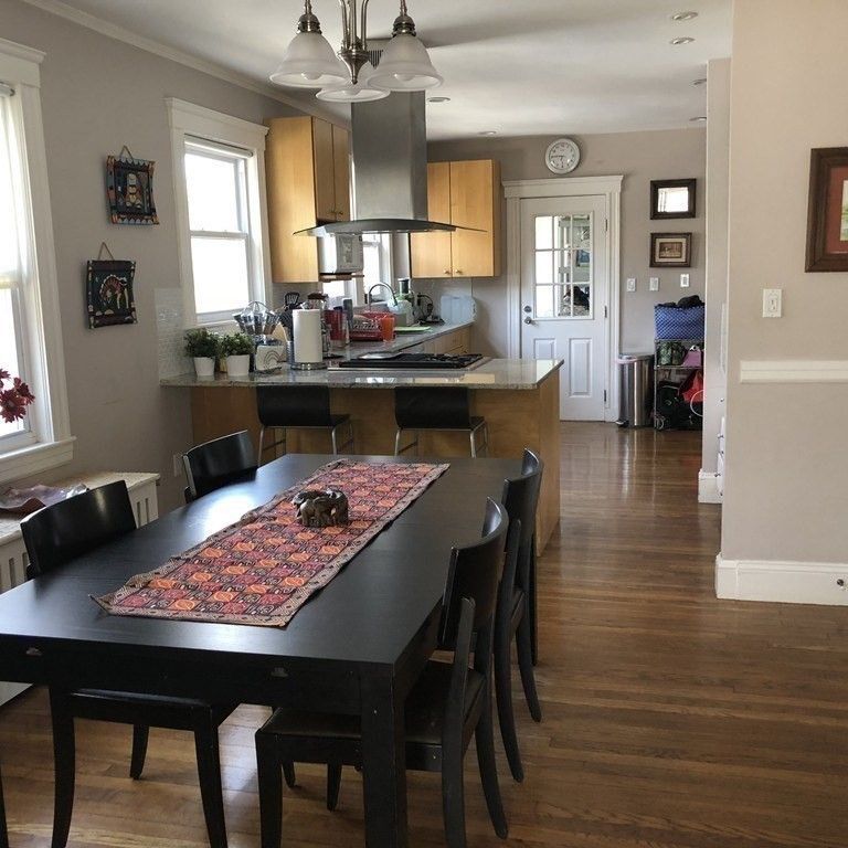 Dining room, Interior, Kitchen, Pendant Lights, Recessed Lighting, Wood Texture Flooring