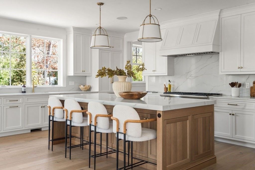 Interior, Kitchen, Marble Walls, Pendant Lights, Recessed Lighting, Wood Texture Flooring
