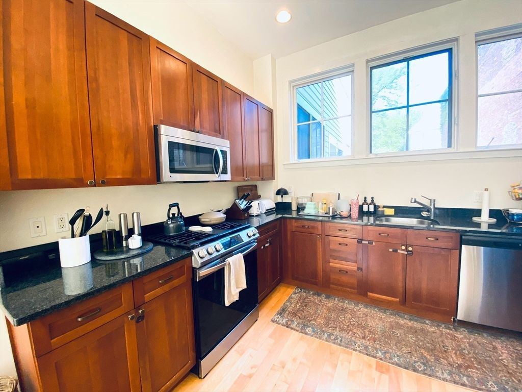 Interior, Kitchen, Recessed Lighting, Stainless Steel Appliances, Wood Texture Flooring
