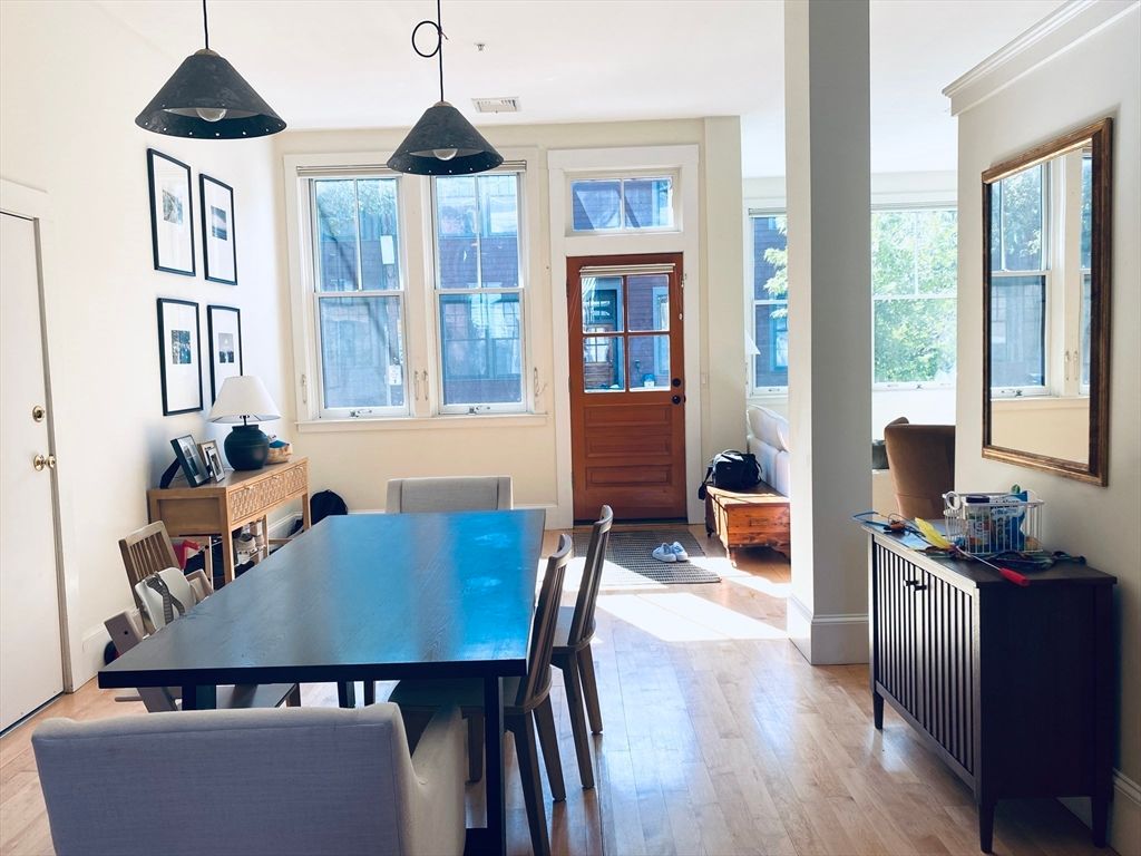 Dining room, Interior, Pendant Lights, Wood Texture Flooring