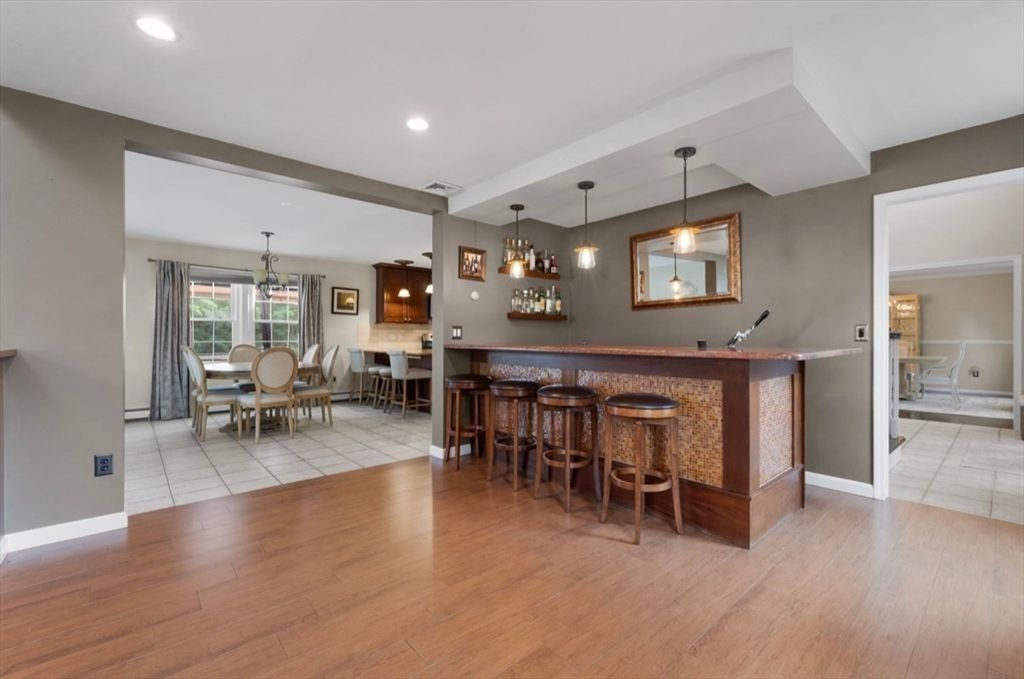 Dining room, Interior, Pendant Lights, Recessed Lighting, Wood Texture Flooring